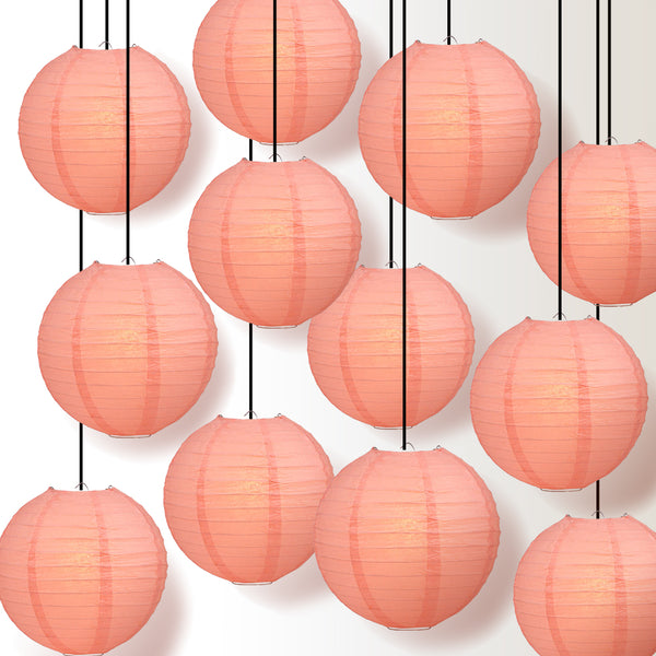 12 PACK  12 Inch Roseate / Pink Coral Even Ribbing Round Paper Lantern,  Hanging Combo Set -  - Paper Lanterns, Decor, Party  Lights & More