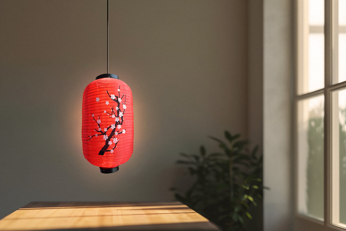 Japanese Style Nylon Lantern with Plum Tree Blossoms, Red (10&quot;W x 16.5&quot;H)