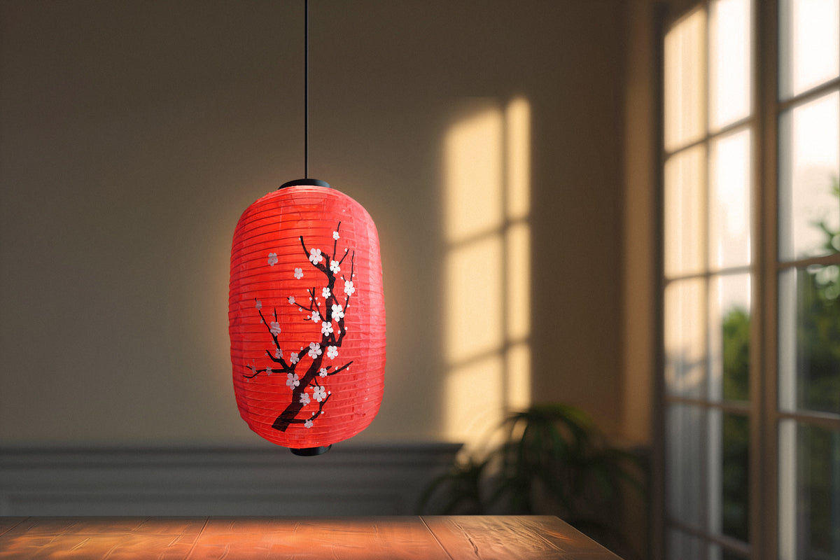 Large Japanese Style Nylon Lantern with Plum Tree Blossoms, Red (12&quot;W x 19.5&quot;H)