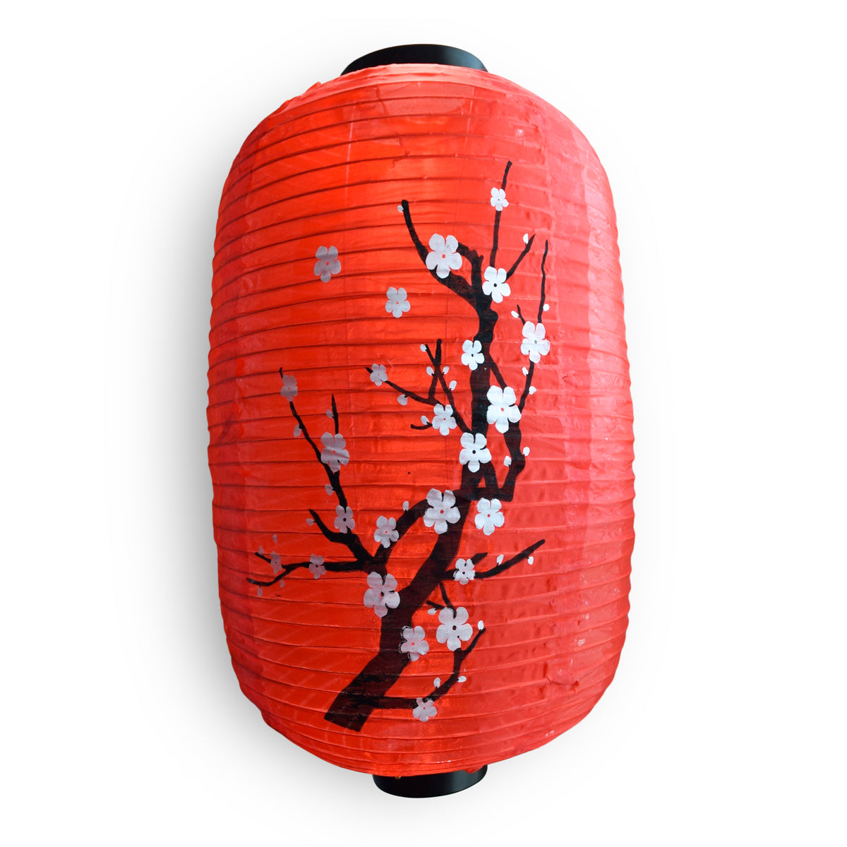 Large Japanese Style Nylon Lantern with Plum Tree Blossoms, Red (12&quot;W x 19.5&quot;H)