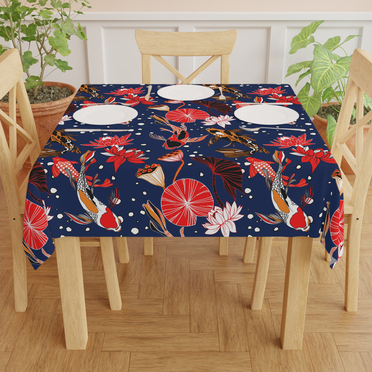 Decorative Tablecloth with Tropical Koi Fish Pond Design, Durable Polyester (55.1&quot; x 55.1&quot;)