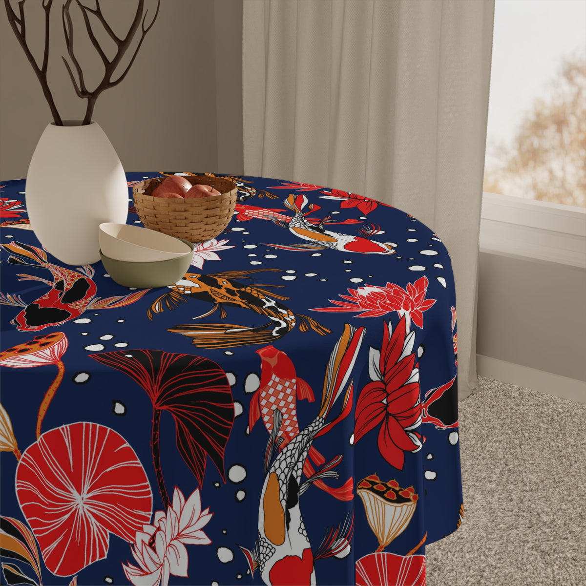 Decorative Tablecloth with Tropical Koi Fish Pond Design, Durable Polyester (55.1&quot; x 55.1&quot;)