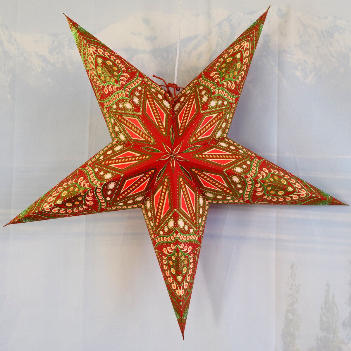 3-PACK | 24 Inch Paper Star Lantern, Red Green Twilight KIT with Triple Pendant Light Included