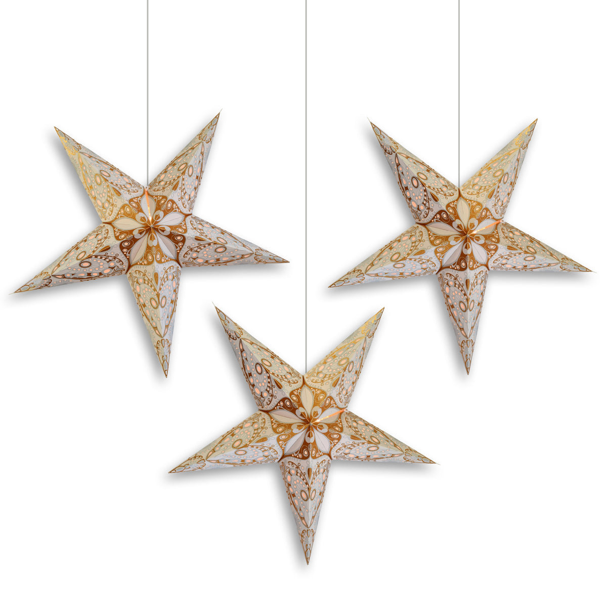 3-PACK | 24 Inch Paper Star Lantern, Grey Gold Moon Burst KIT with Triple Pendant Light Included