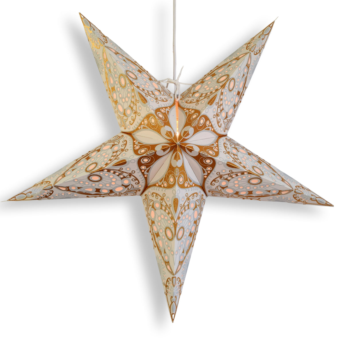 24 Inch Paper Star Lantern, Grey Gold Moon Burst KIT with Pendant Light Included