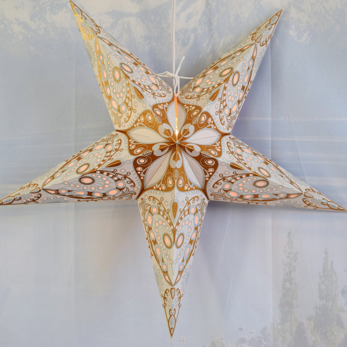 24 Inch Paper Star Lantern, Grey Gold Moon Burst KIT with Pendant Light Included