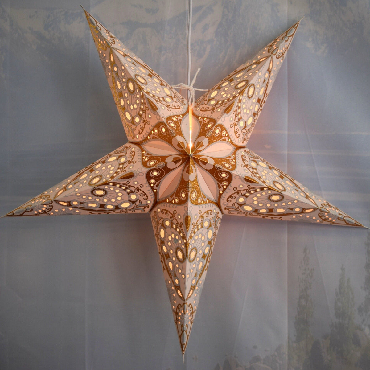 3-PACK | 24 Inch Paper Star Lantern, Grey Gold Moon Burst KIT with Triple Pendant Light Included