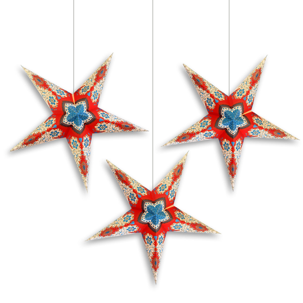 3-PACK | 24 Inch Paper Star Lantern, Red White Blue Patriotic Flare KIT with Triple Pendant Light Included