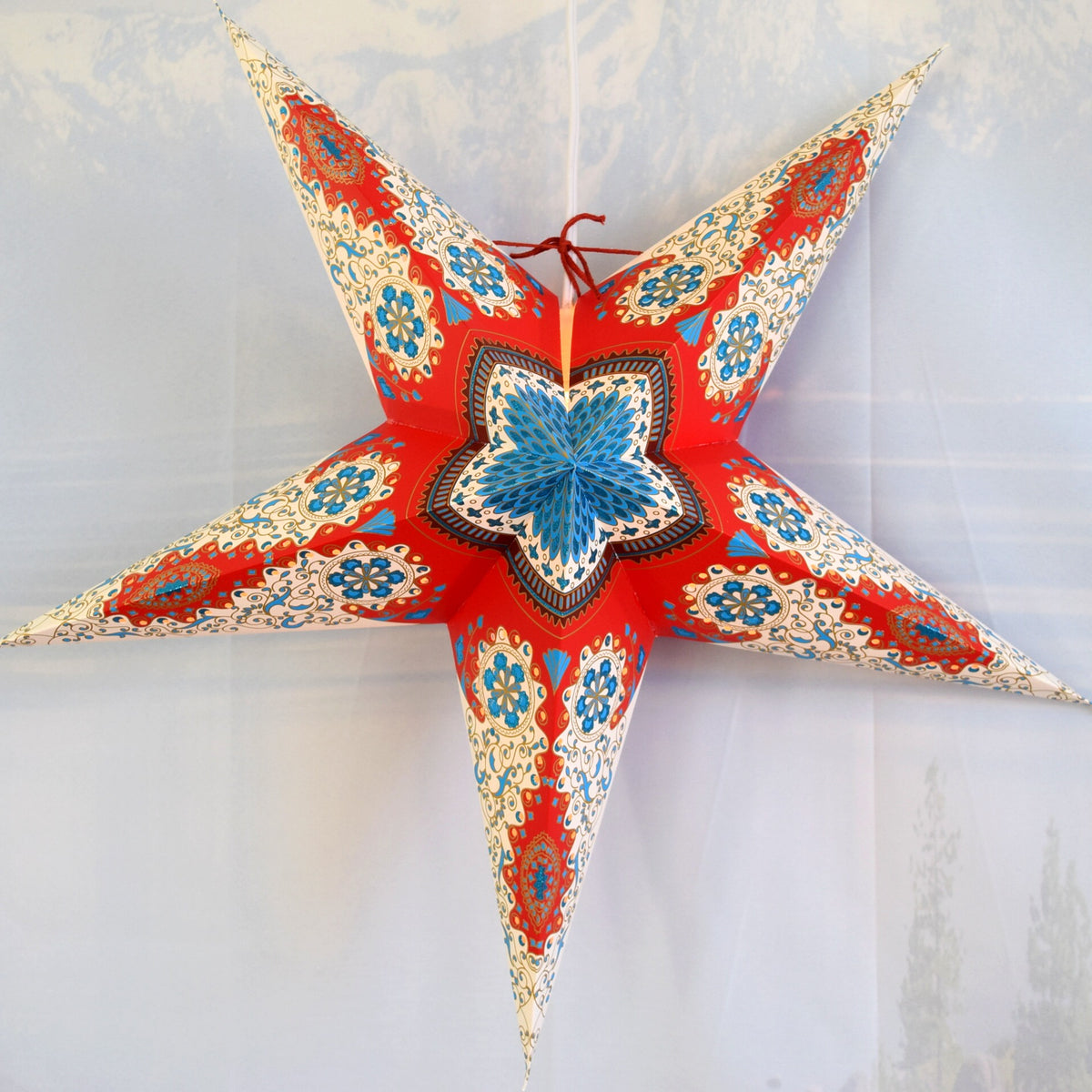 24 Inch Paper Star Lantern, Red White Blue Patriotic Flare KIT with Pendant Light Included