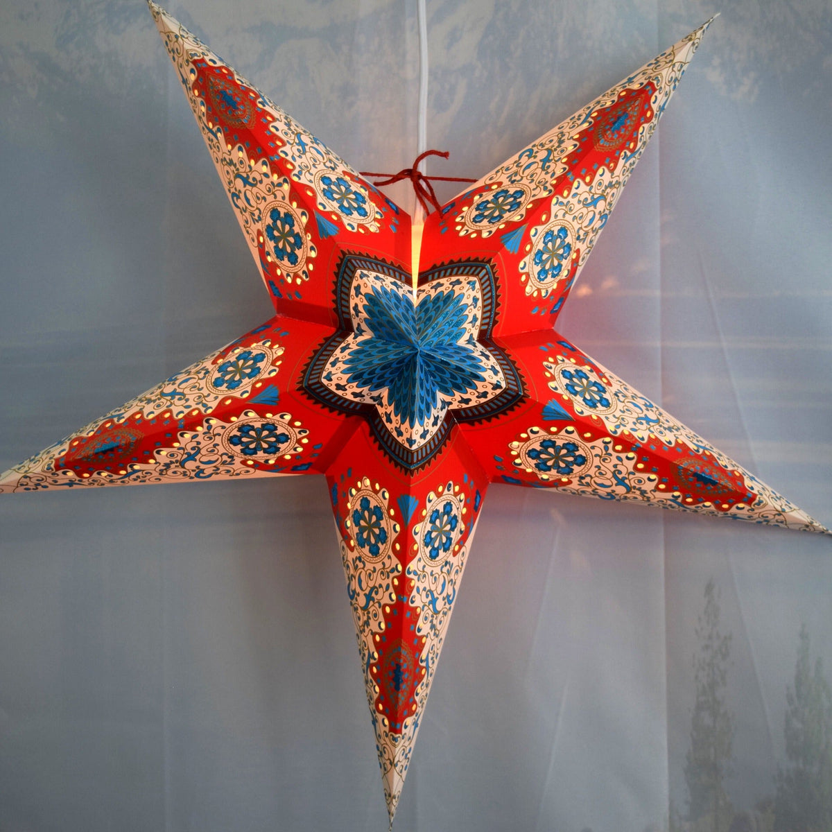 3-PACK | 24 Inch Paper Star Lantern, Red White Blue Patriotic Flare KIT with Triple Pendant Light Included