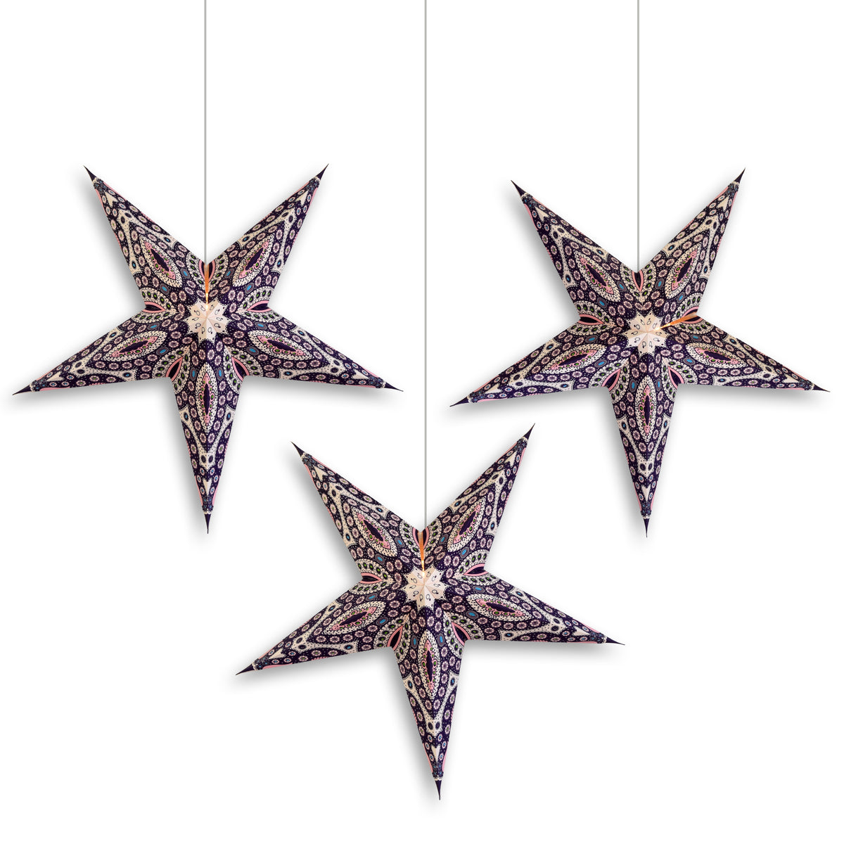 3-PACK | 24 Inch Paper Star Lantern, Pink Purple Starlight KIT with Triple Pendant Light Included