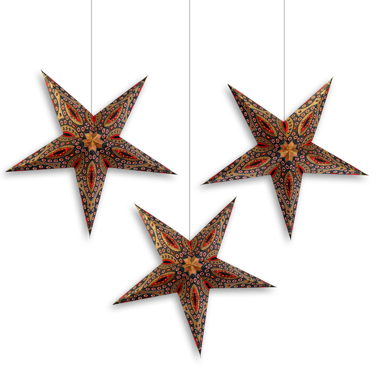 3-PACK | 24 Inch Paper Star Lantern, Red Gold Starlight KIT with Triple Pendant Light Included