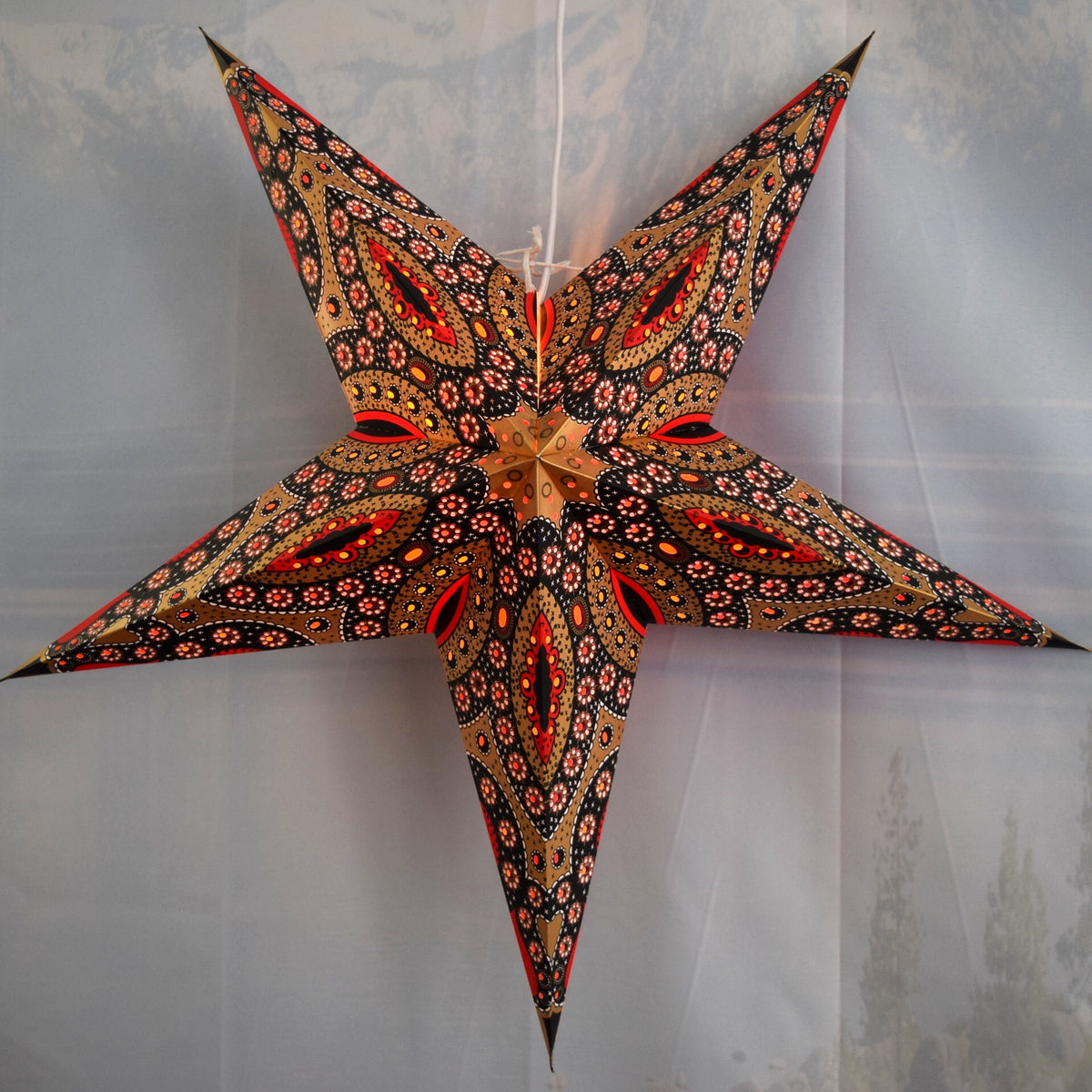 24 Inch Paper Star Lantern, Red Gold Starlight KIT with Pendant Light Included