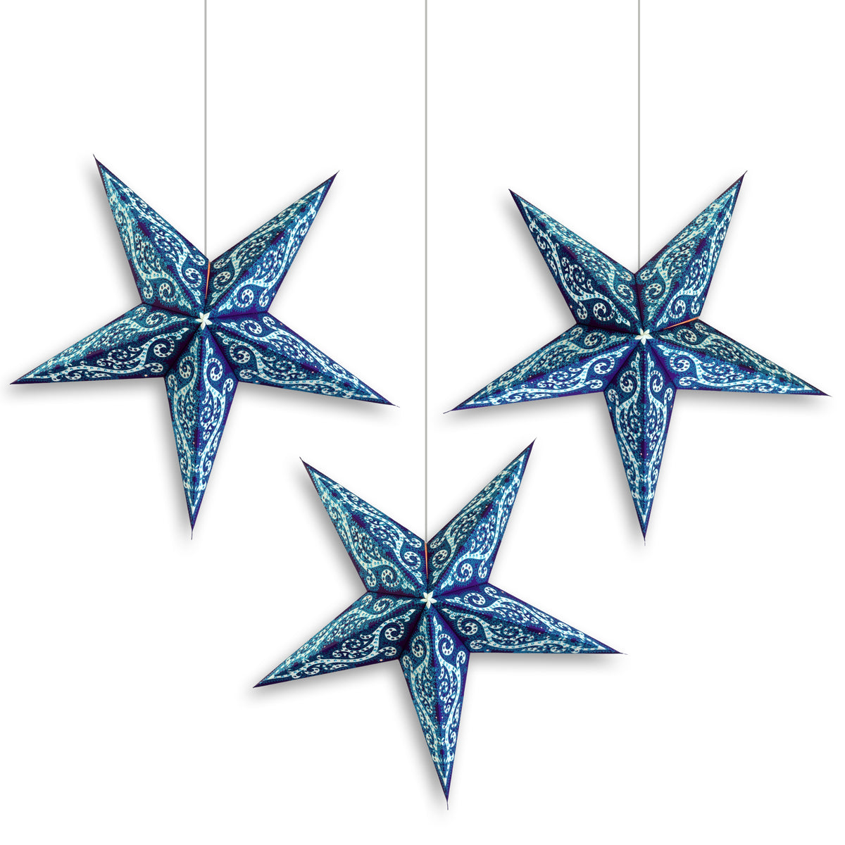 3-PACK | 24 Inch Paper Star Lantern, Blue Mystic Glitter KIT with Triple Pendant Light Included