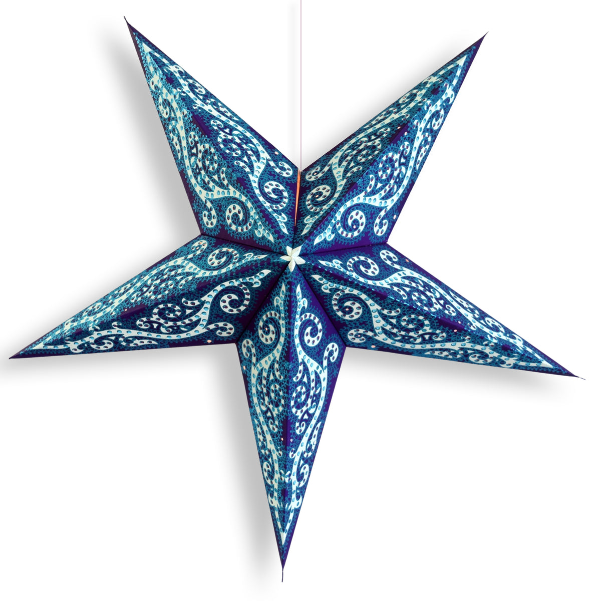 24 Inch Paper Star Lantern, Blue Mystic Glitter KIT with Pendant Light Included