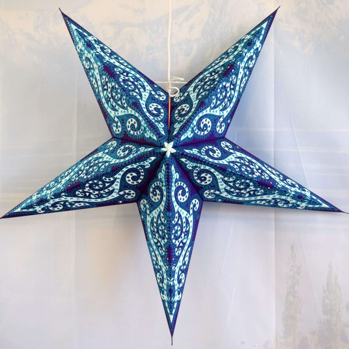 24 Inch Paper Star Lantern, Blue Mystic Glitter KIT with Pendant Light Included