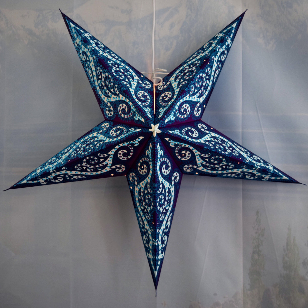 24 Inch Paper Star Lantern, Blue Mystic Glitter KIT with Pendant Light Included