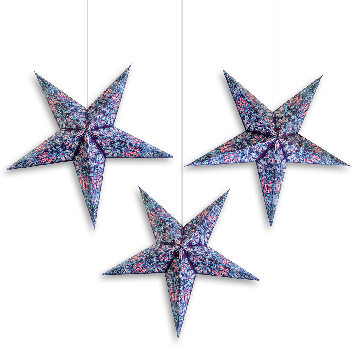 3-PACK | 24 Inch Paper Star Lantern, Pink Purple Aurora KIT with Triple Pendant Light Included