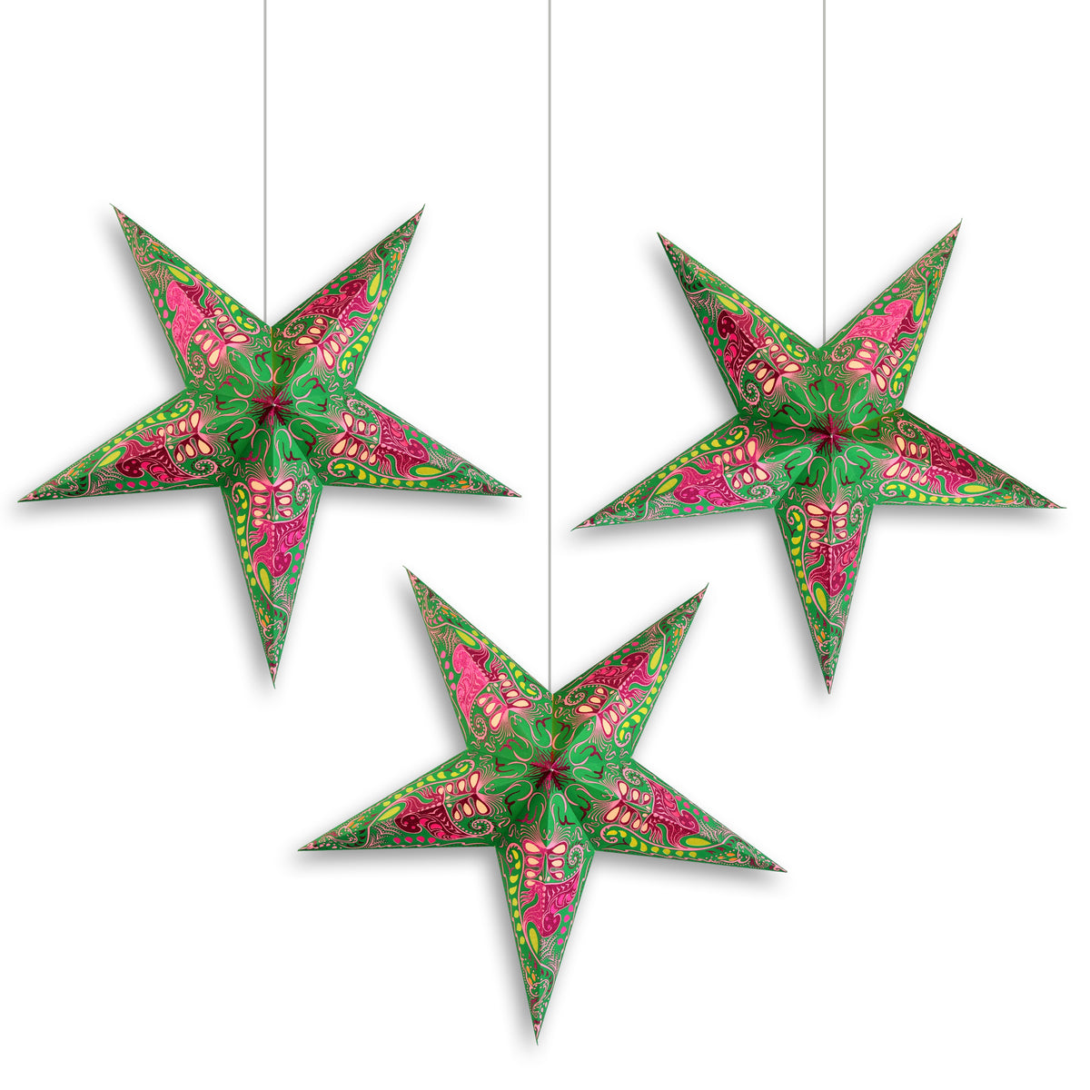 3-PACK | 24 Inch Paper Star Lantern, Green Pink Nebula KIT with Triple Pendant Light Included