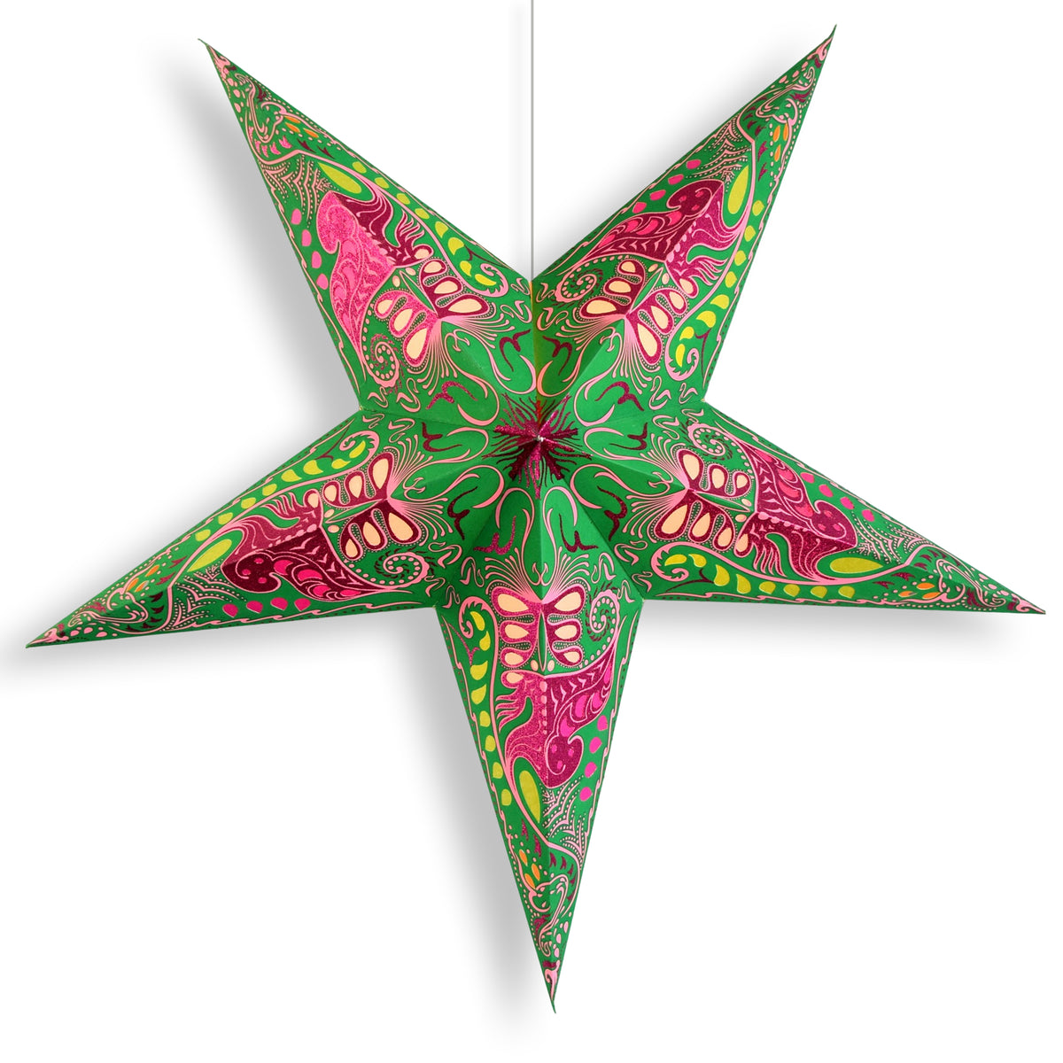 24 Inch Paper Star Lantern, Green Pink Nebula Glitter