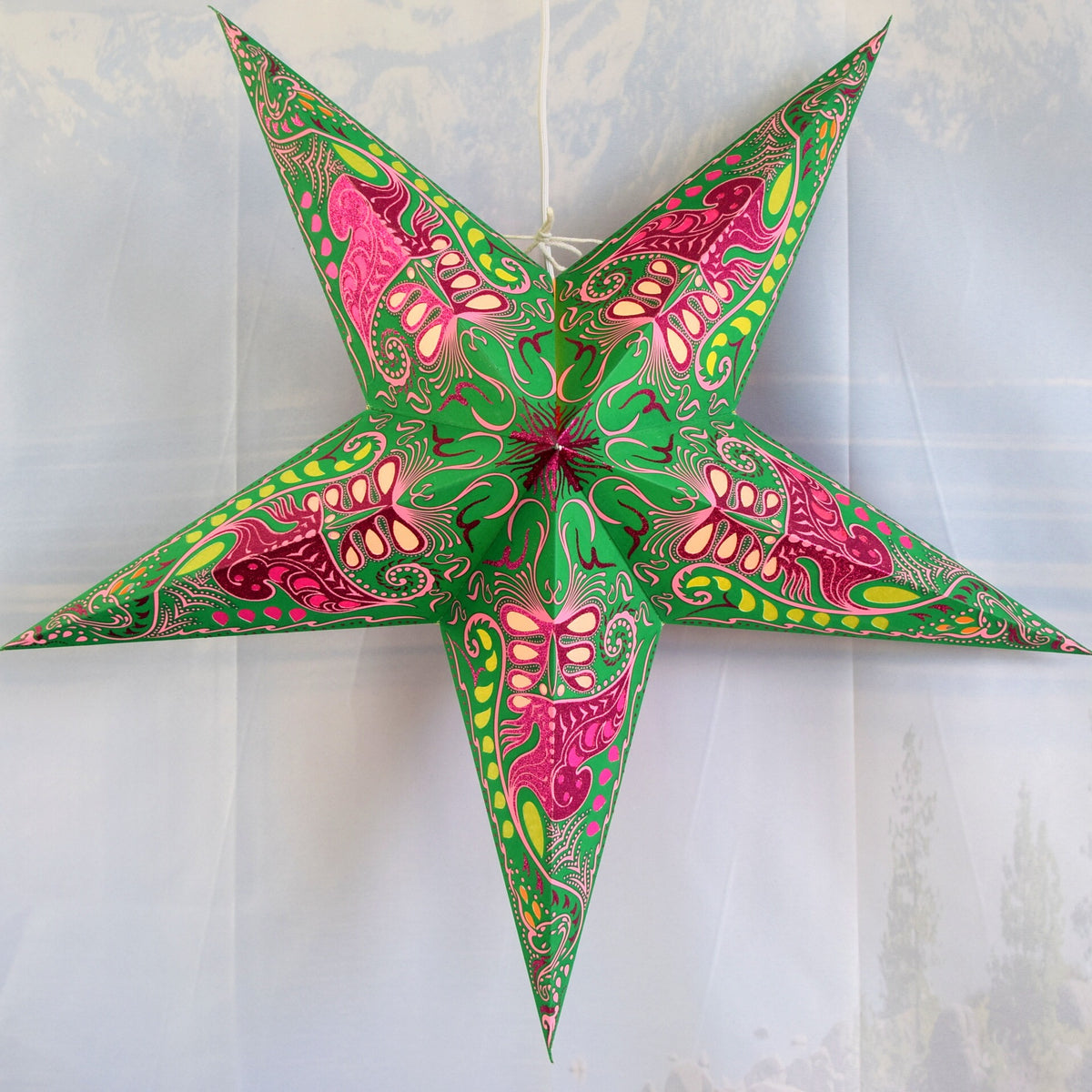 24 Inch Paper Star Lantern, Green Pink Nebula Glitter