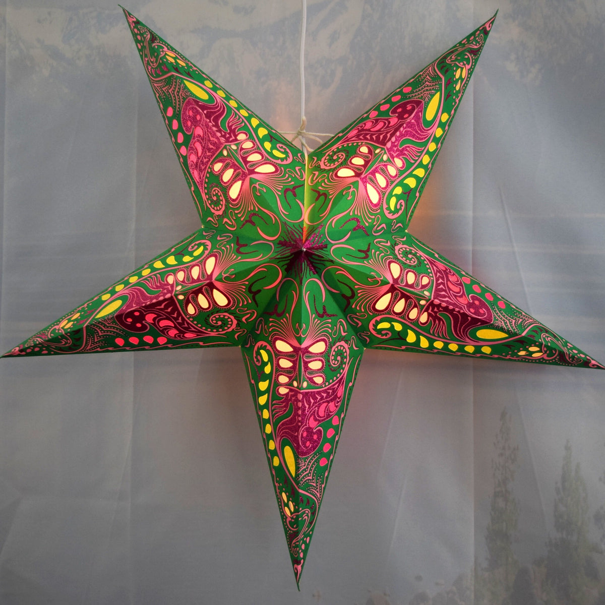 24 Inch Paper Star Lantern, Green Pink Nebula Glitter