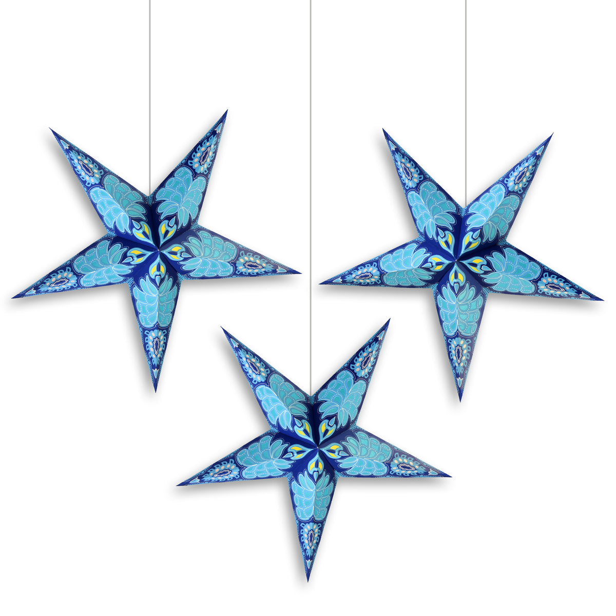 3-PACK | 24 Inch Paper Star Lantern, Blue Astral Glow KIT with Triple Pendant Light Included