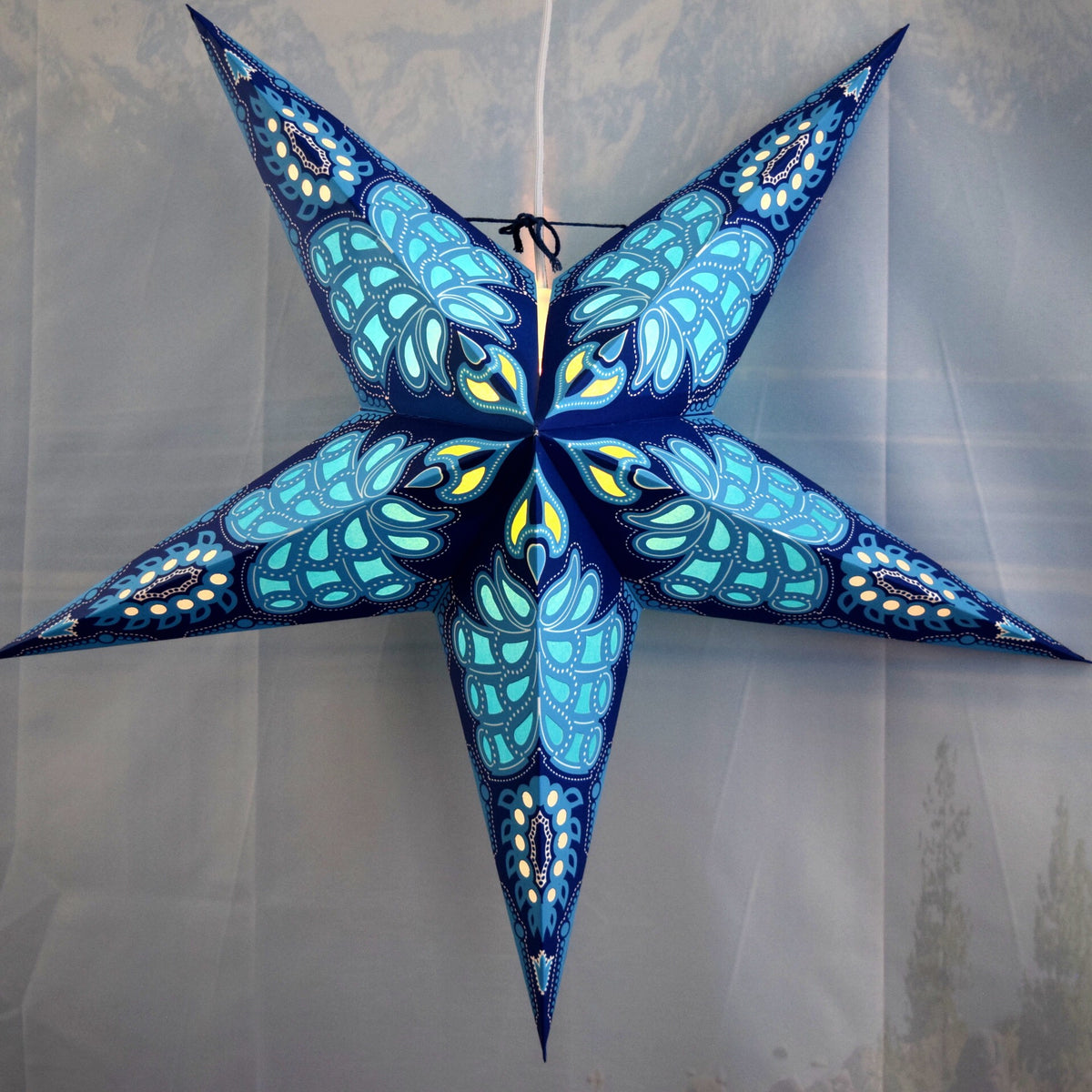 24 Inch Paper Star Lantern, Blue Astral Glow KIT with Pendant Light Included