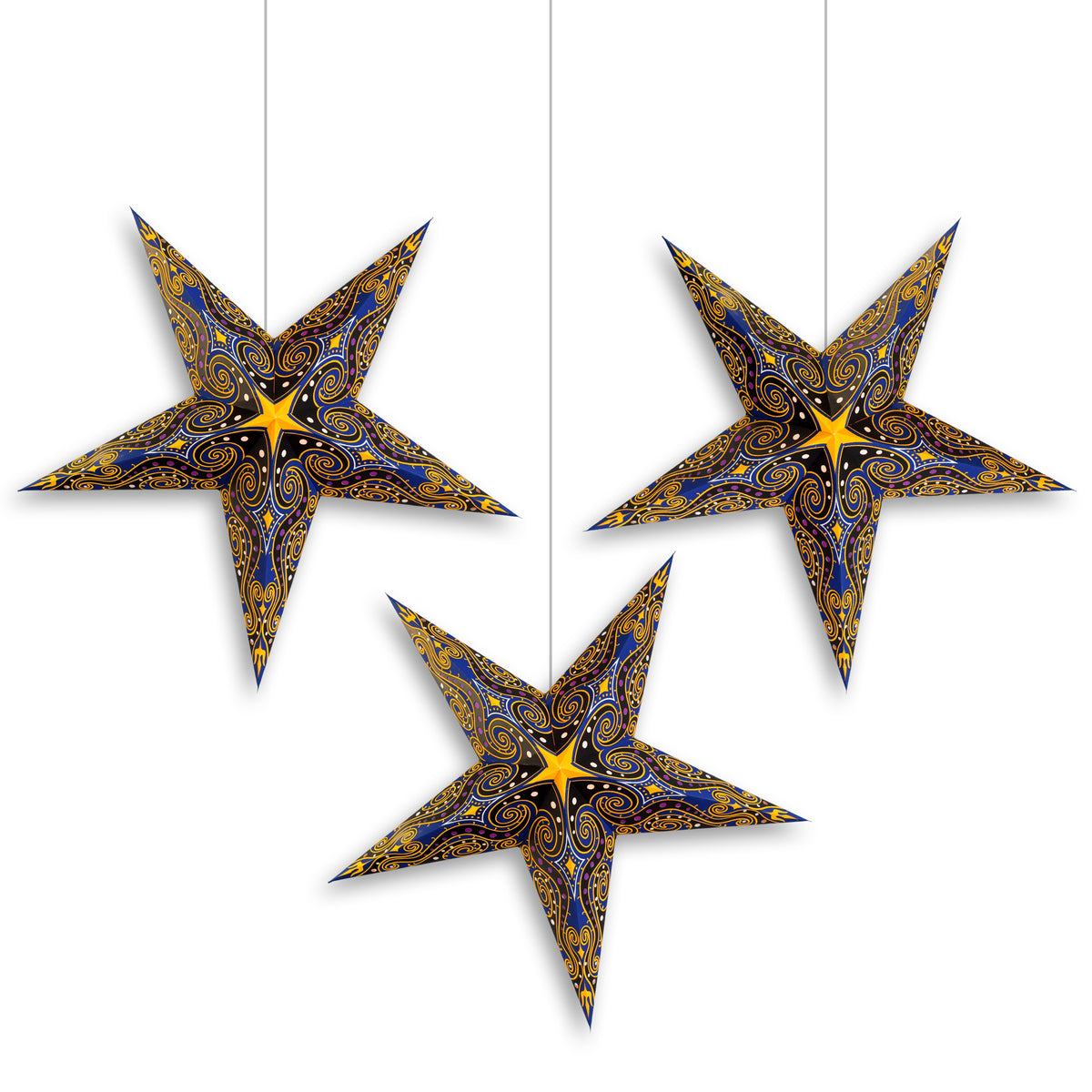 3-PACK | 24 Inch Paper Star Lantern, Blue Yellow Astral Wind KIT with Triple Pendant Light Included