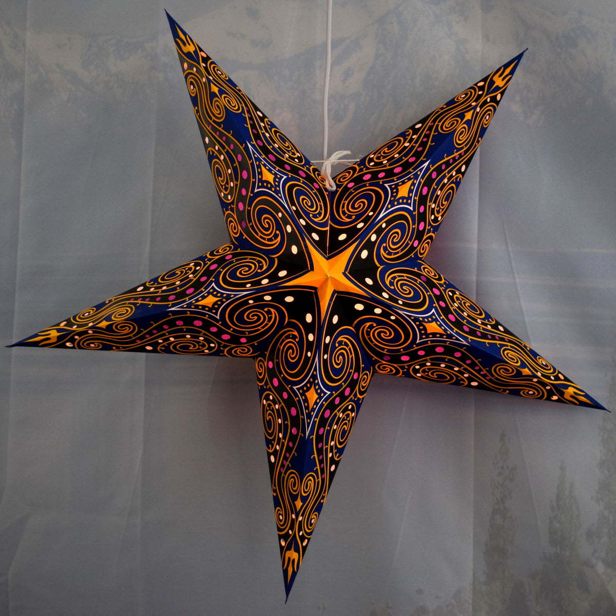 24 Inch Paper Star Lantern, Blue Yellow Astral Wind KIT with Pendant Light Included