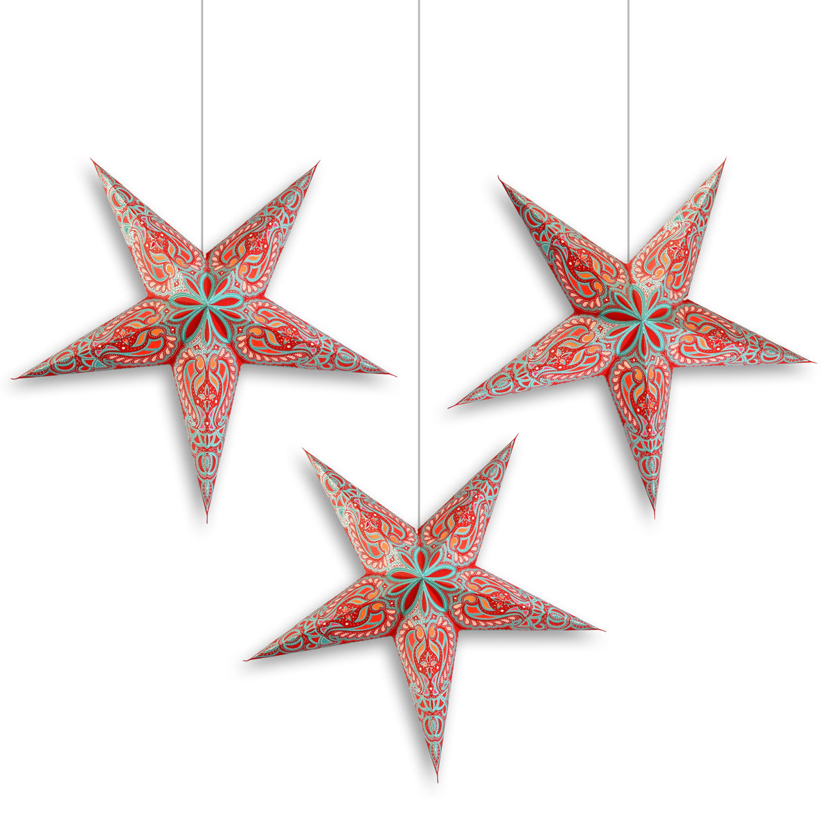 3-PACK | 24 Inch Paper Star Lantern, Red Stellar Bloom KIT with Triple Pendant Light Included