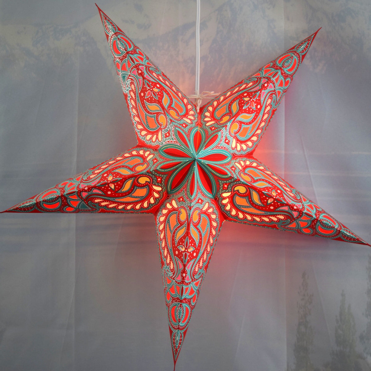 24 Inch Paper Star Lantern, Red Stellar Bloom KIT with Pendant Light Included