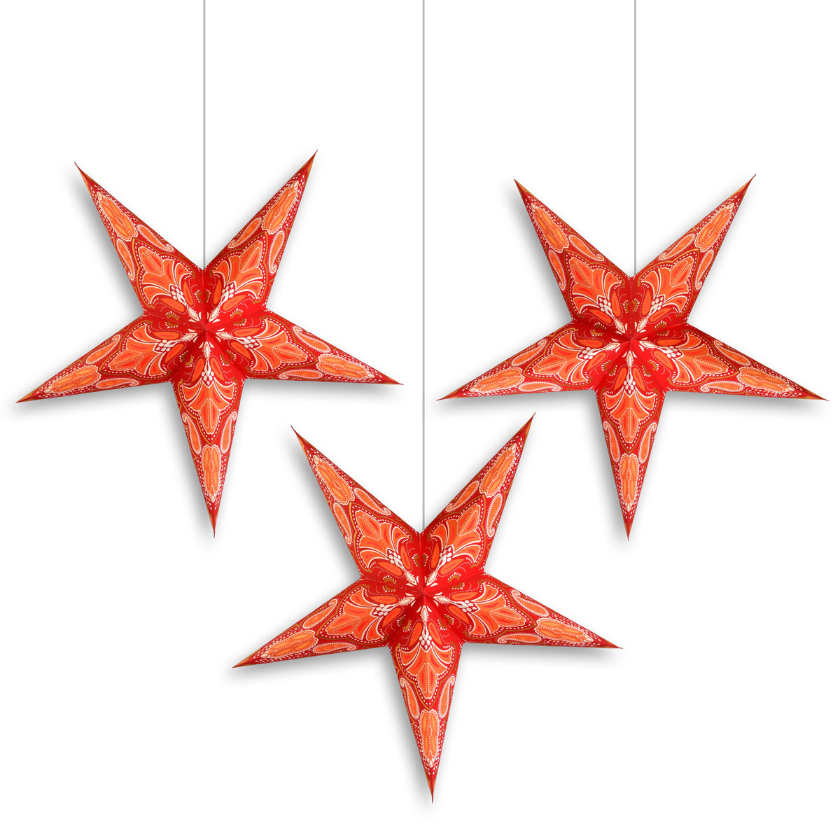 3-PACK | 24 Inch Paper Star Lantern, Red Green Stellar Bloom Glitter KIT with Triple Pendant Light Included