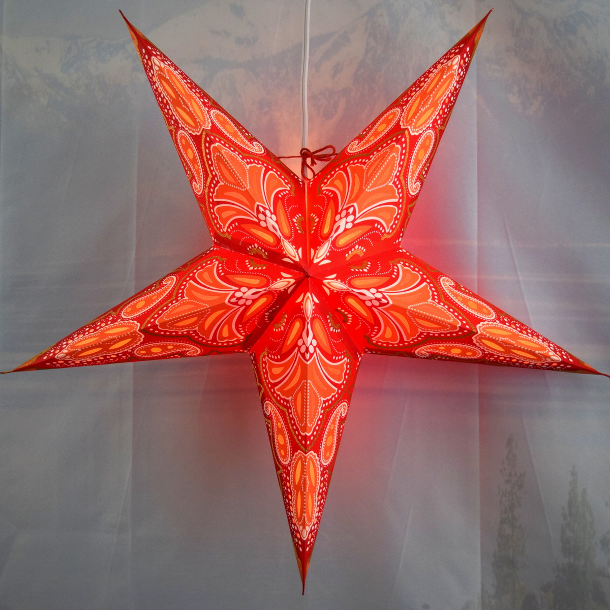 24 Inch Paper Star Lantern, Red Aura Glow Glitter