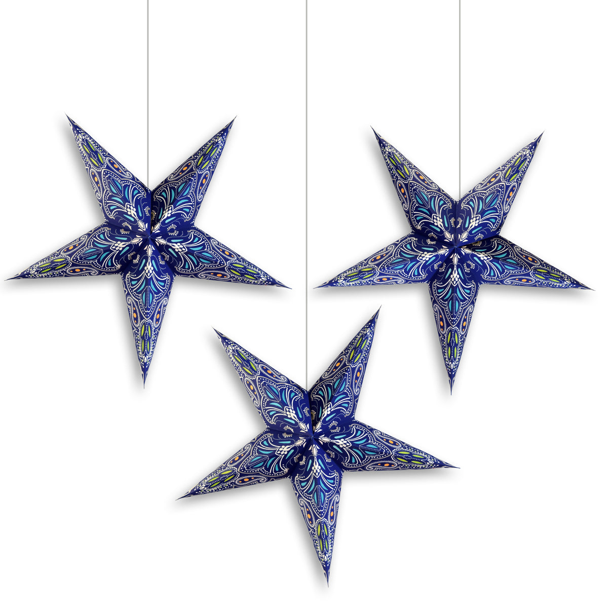 3-PACK | 24 Inch Paper Star Lantern, Blue Aura Glow Glitter KIT with Triple Pendant Light Included