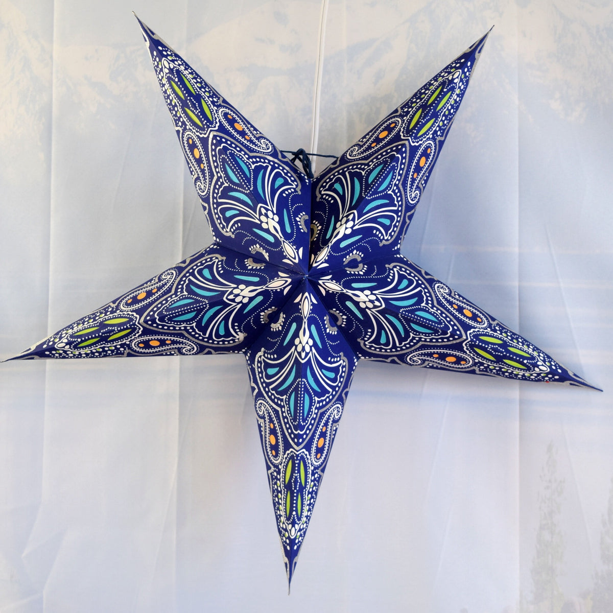 24 Inch Paper Star Lantern, Blue Aura Glow Glitter