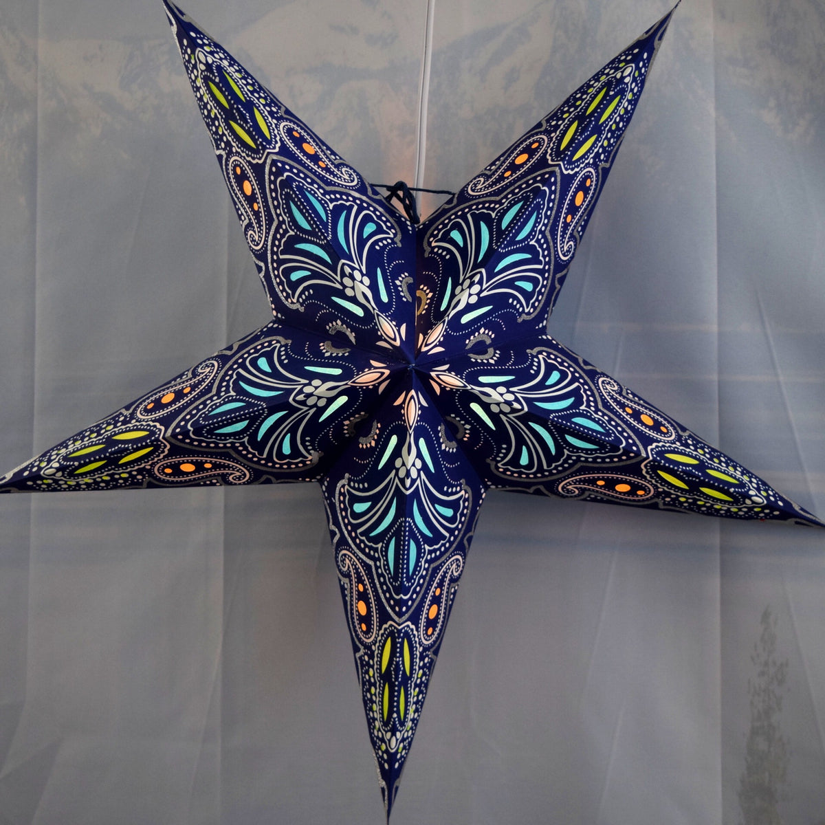 24 Inch Paper Star Lantern, Blue Aura Glow Glitter