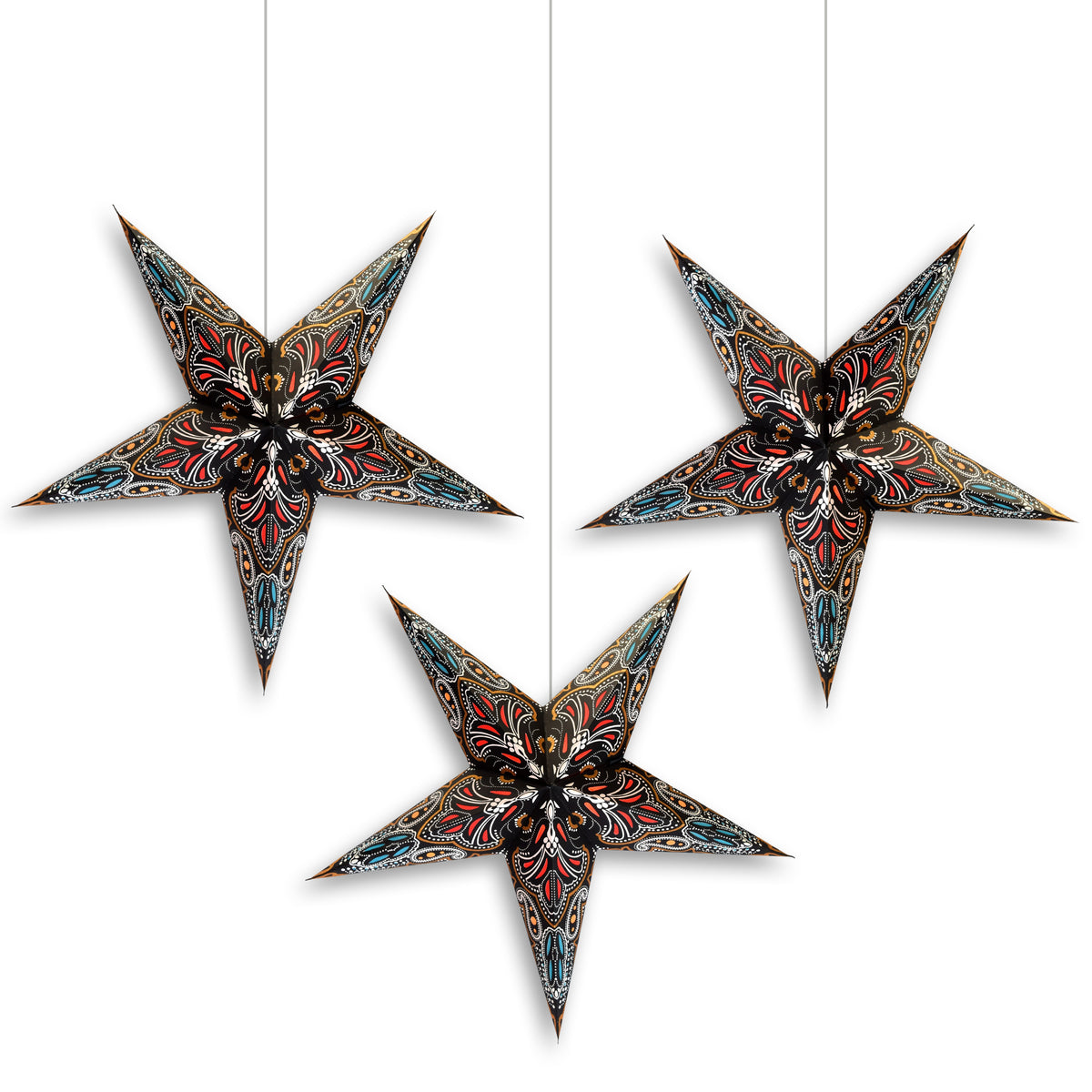 3-PACK | 24 Inch Paper Star Lantern, Black Aura Glow Glitter KIT with Triple Pendant Light Included