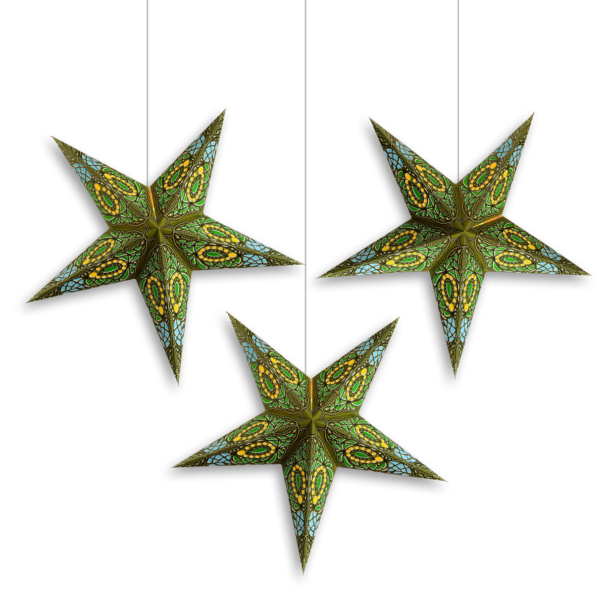 3-PACK | 24 Inch Paper Star Lantern, Green Brown Galactic Glitter KIT with Triple Pendant Light Included