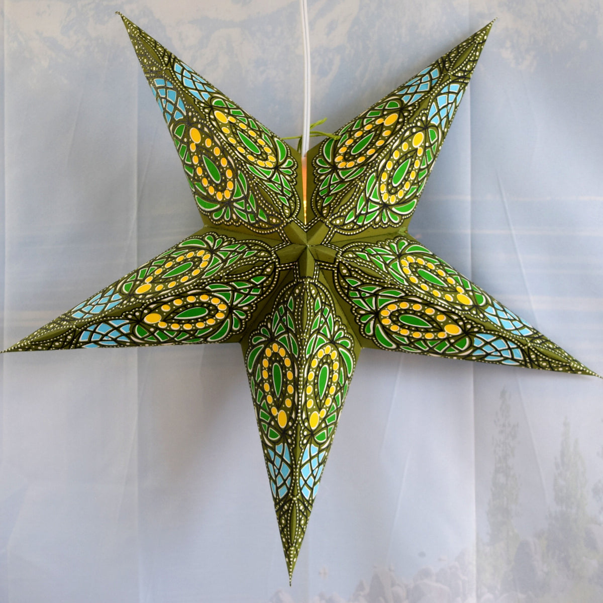 24 Inch Paper Star Lantern, Green Brown Galactic Glitter KIT with Pendant Light Included