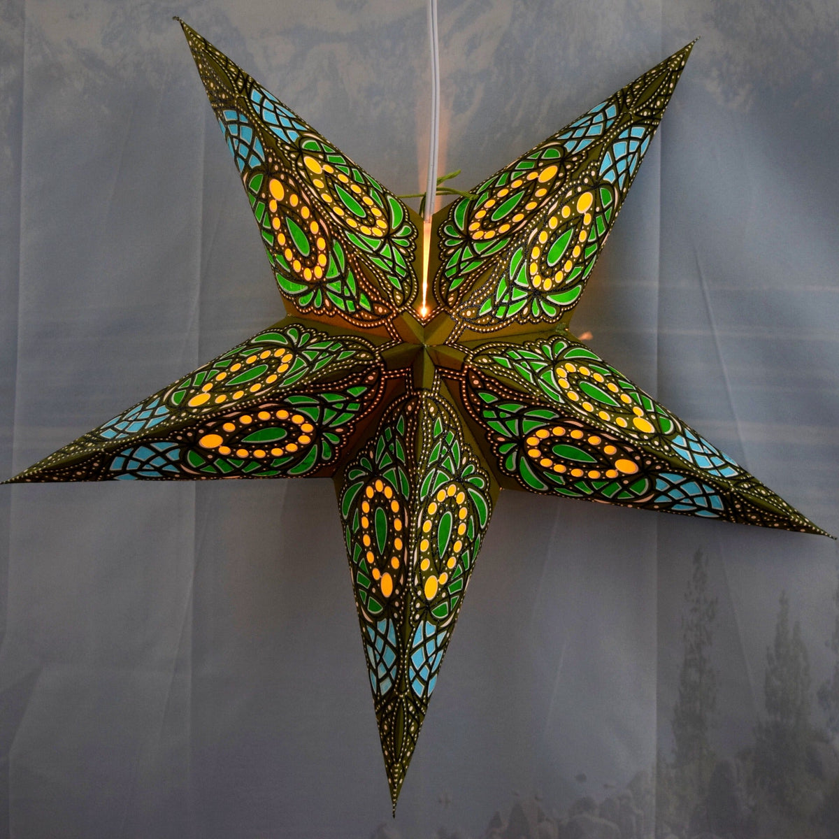 3-PACK | 24 Inch Paper Star Lantern, Green Brown Galactic Glitter KIT with Triple Pendant Light Included