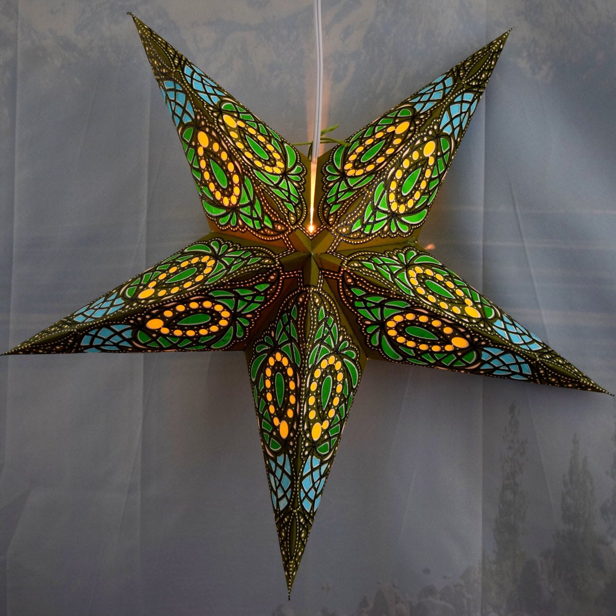 24 Inch Paper Star Lantern, Green Brown Galactic Glitter KIT with Pendant Light Included