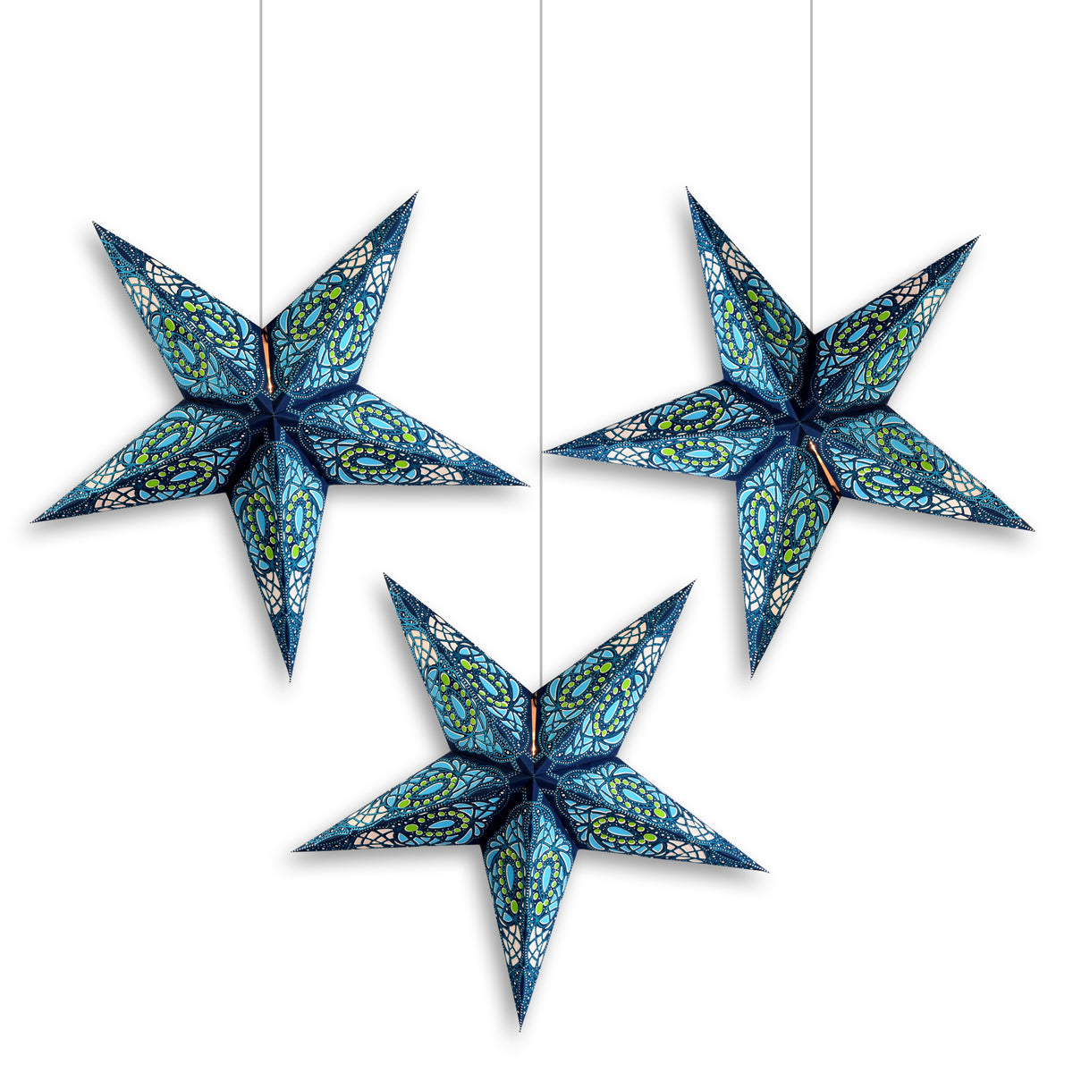 3-PACK | 24 Inch Paper Star Lantern, Blue Galactic Glitter KIT with Triple Pendant Light Included