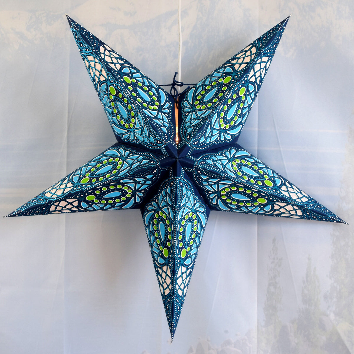 24 Inch Paper Star Lantern, Blue Galactic Glitter KIT with Pendant Light Included