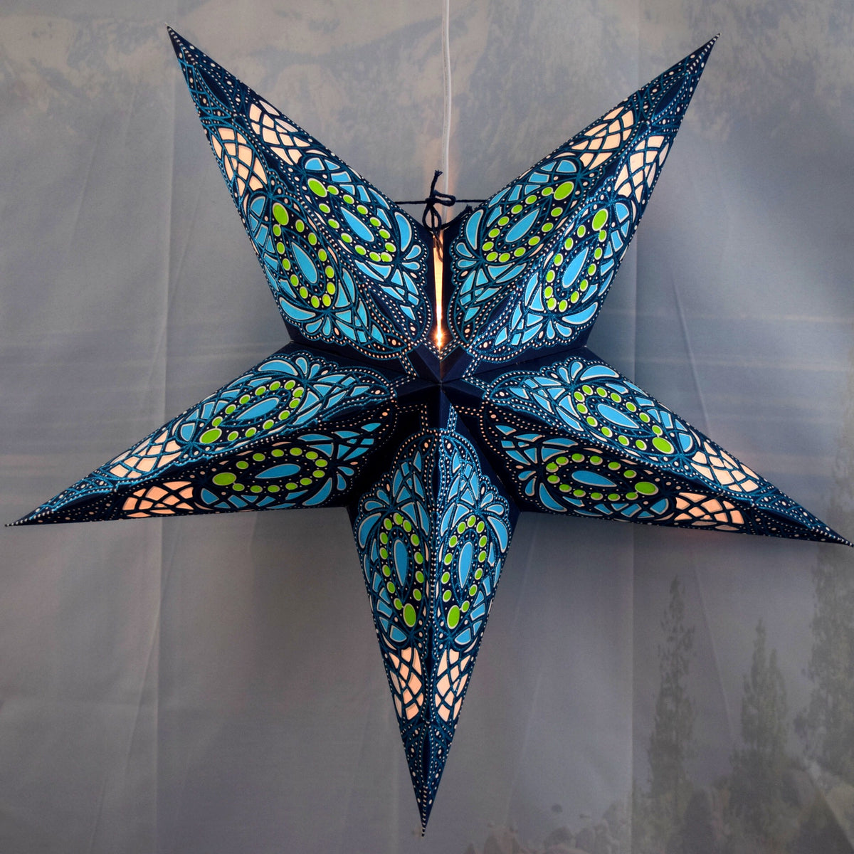 24 Inch Paper Star Lantern, Blue Galactic Glitter KIT with Pendant Light Included