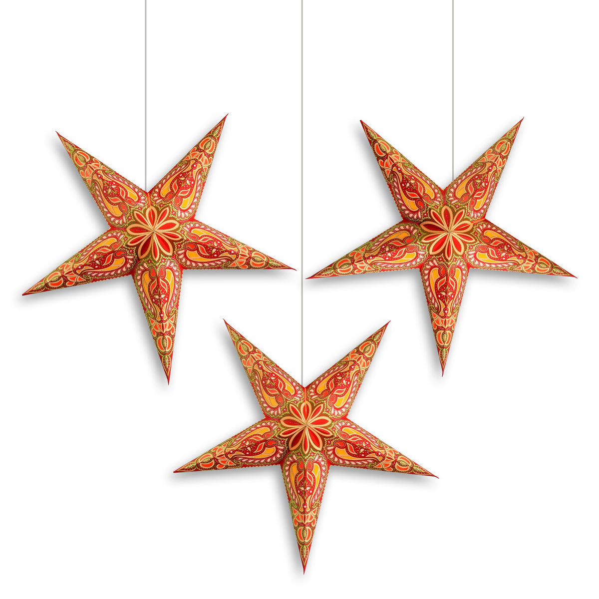 3-PACK | 24 Inch Paper Star Lantern, Red Aura Glow Glitter KIT with Triple Pendant Light Included