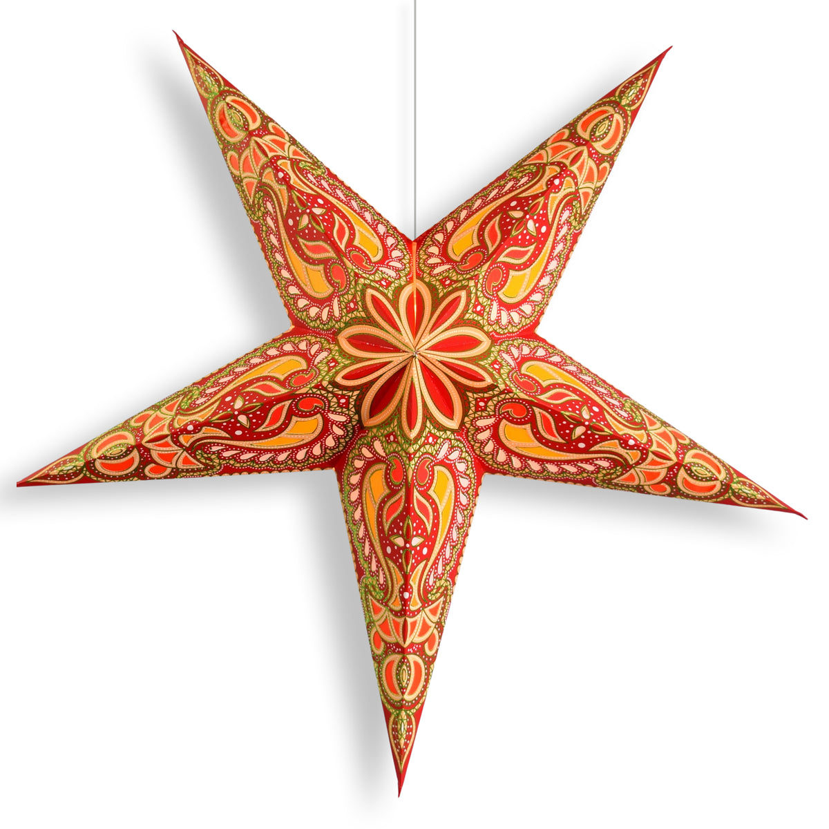 24 Inch Paper Star Lantern, Red Green Stellar Bloom Glitter