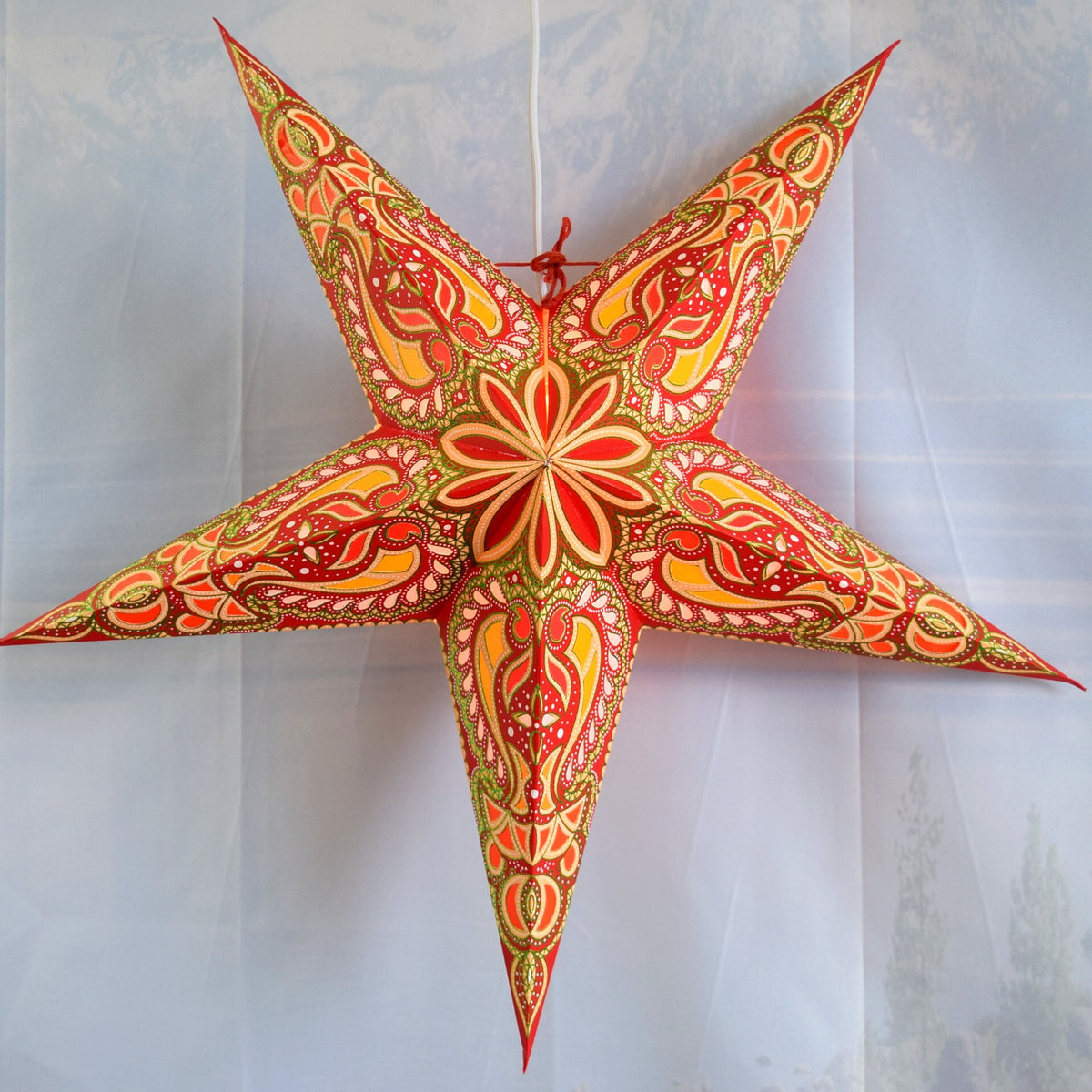 24 Inch Paper Star Lantern, Red Green Stellar Bloom Glitter KIT with Pendant Light Included