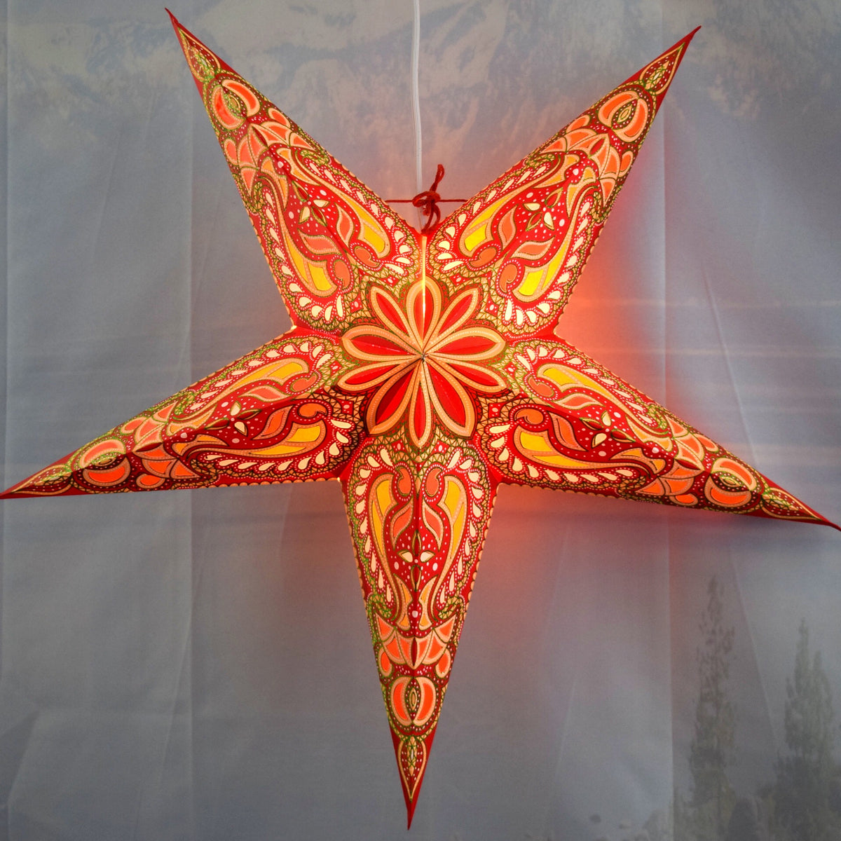 24 Inch Paper Star Lantern, Red Green Stellar Bloom Glitter