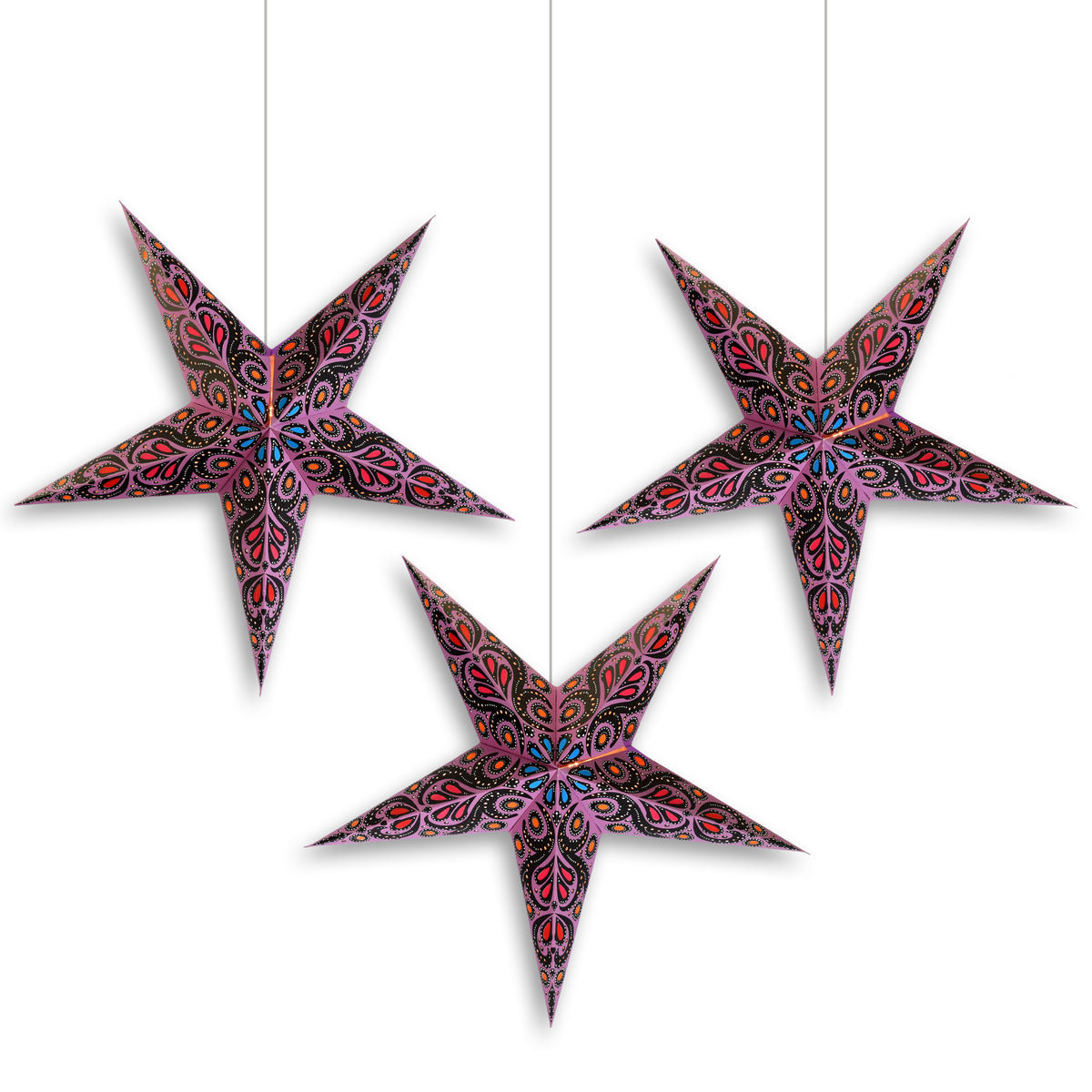 3-PACK | 24 Inch Paper Star Lantern, Purple Astral Bloom KIT with Triple Pendant Light Included